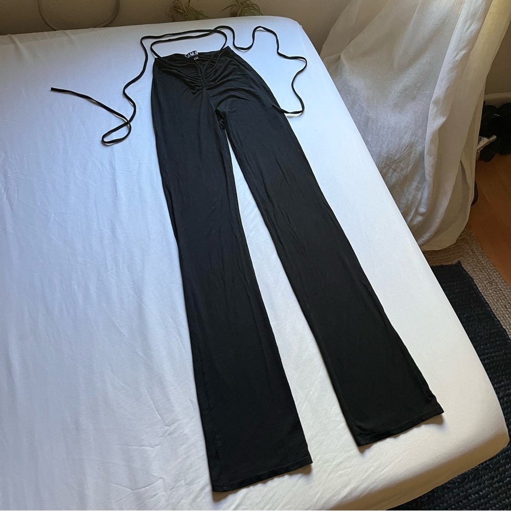I AM GIA black knit low rise string tie detail flare bootcut pants
